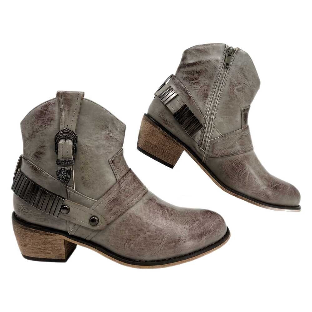 93 Vintage Gray Ankle Boots Round Toe Buckle Zip Western | Womens 7